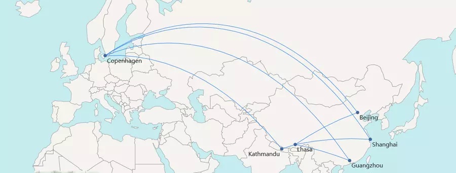 Route map from Denmark to Tibet