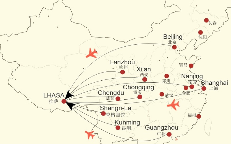 Flight routes from China to Lhasa