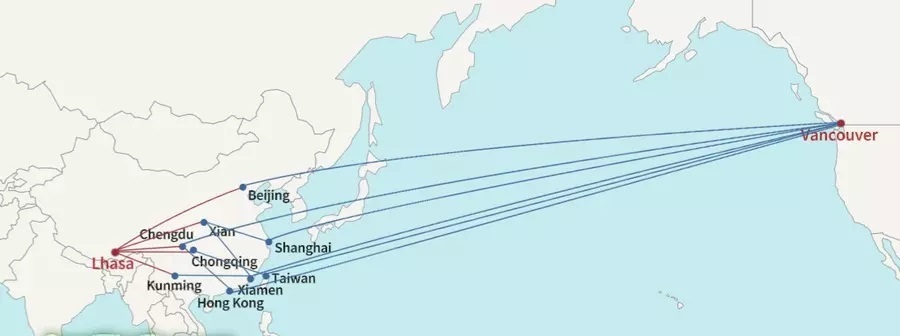 Main Flight Routes from Vancouver to Lhasa