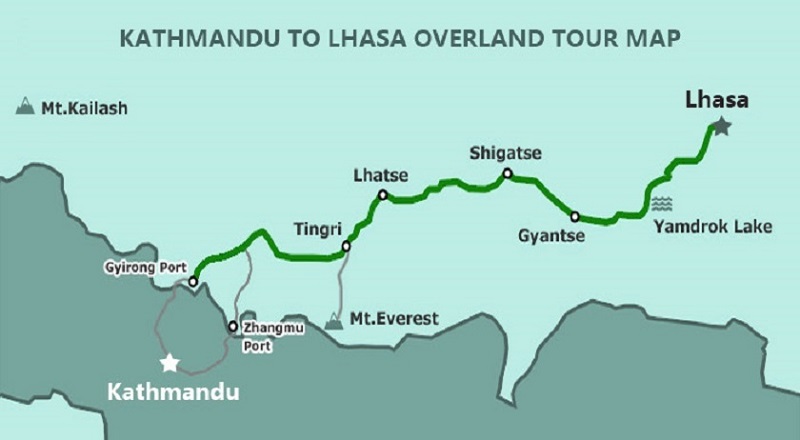Kathmandu to Lhasa overland trip map