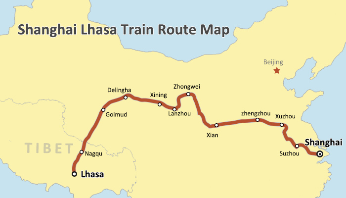 Shanghai to Lhasa Train Route Map