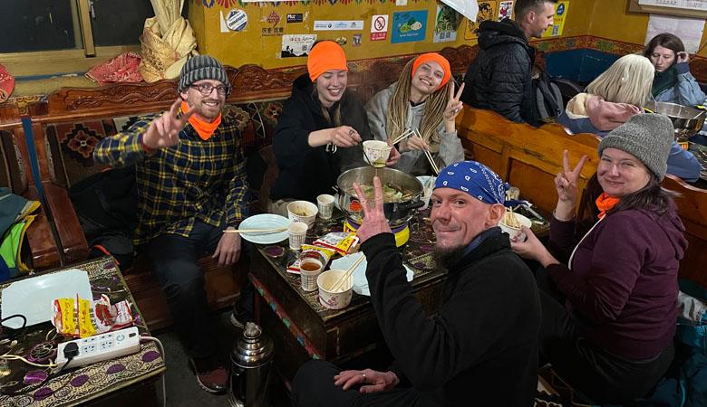Enjoying a steaming hot pot at Everest Base Camp