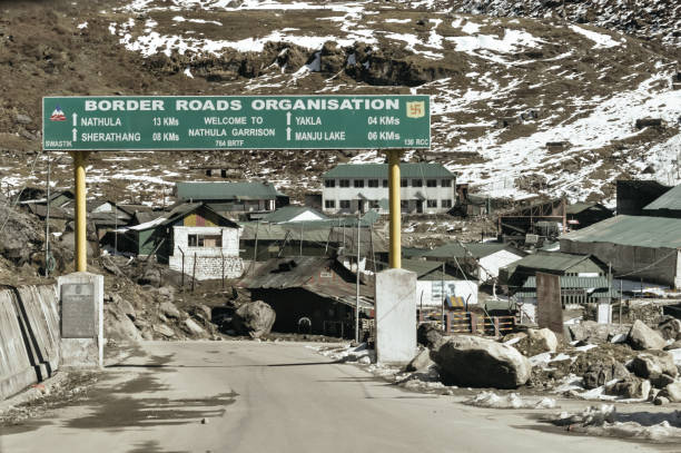 Traffic directional sign board on highway in the entrance of the city near India China border 