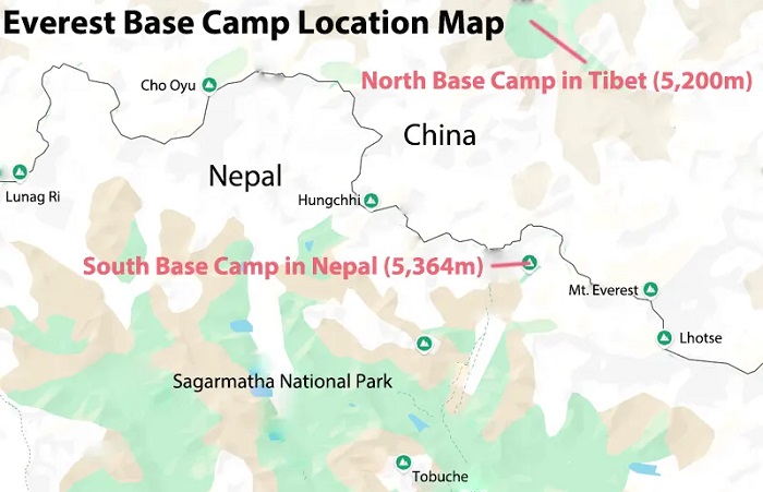 Map of Mount Everest Base Camp Location in Tibet and Nepal