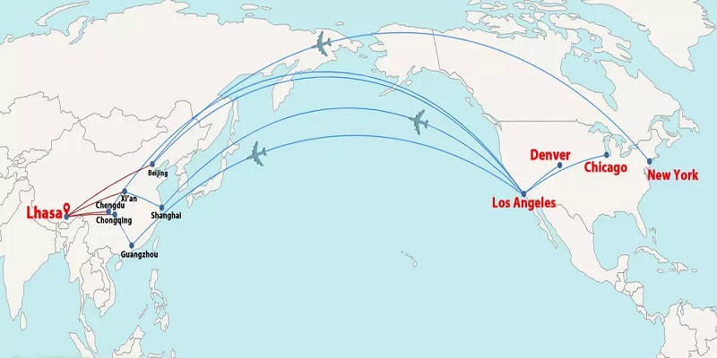 Flight Routes from the US to Tibet