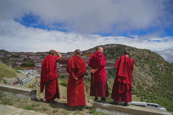 Enjoying the view of Ganden over the Lhasa Valley